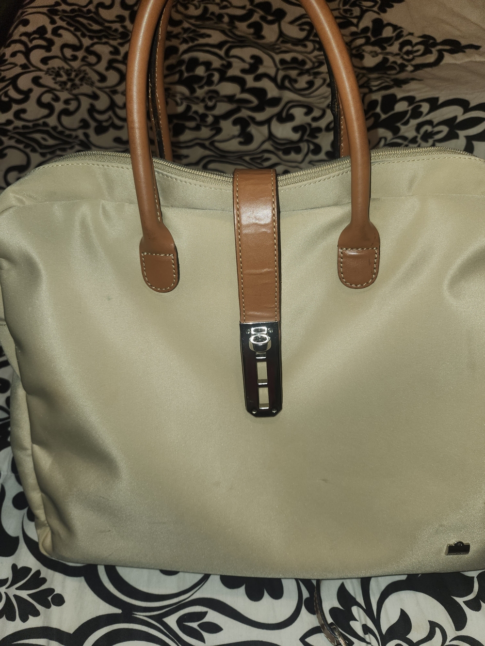 Cream Tote Bag with Tan Handles and Silver Clasp